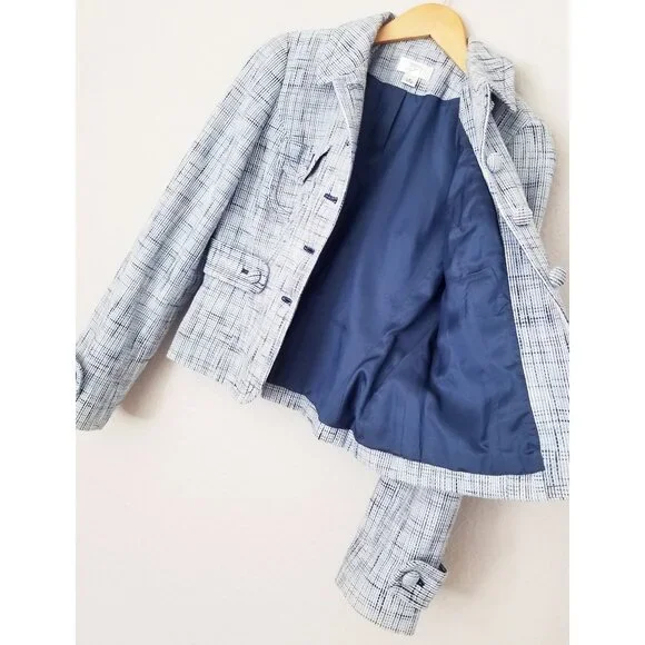 LOFT Ann Taylor Light Blue Tweed 100% Cotton Blazer Jacket 4 Preppy Office Boho - Picture 9 of 15